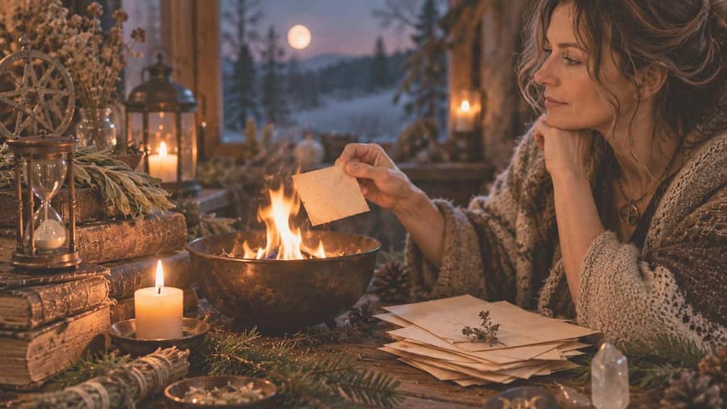 13 wünsche ritual eine frau verbrennt einen zettel in den rauhnächten am abend (KI-generiertes Bild)
