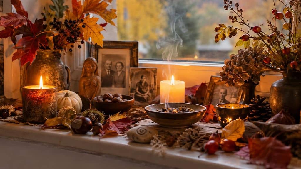 ahnenaltar gestalten zu samhain auf einer fensterbank stehen kerzen räucherwerk und foto von verstorbenen (KI-generiertes Bild)
