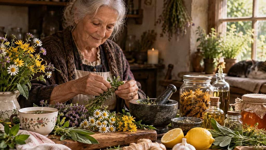hausmittel gegen erkältung was oma noch wusste ein ältere frau die natürliche heilmittel herstellt (KI-generiertes Bild)