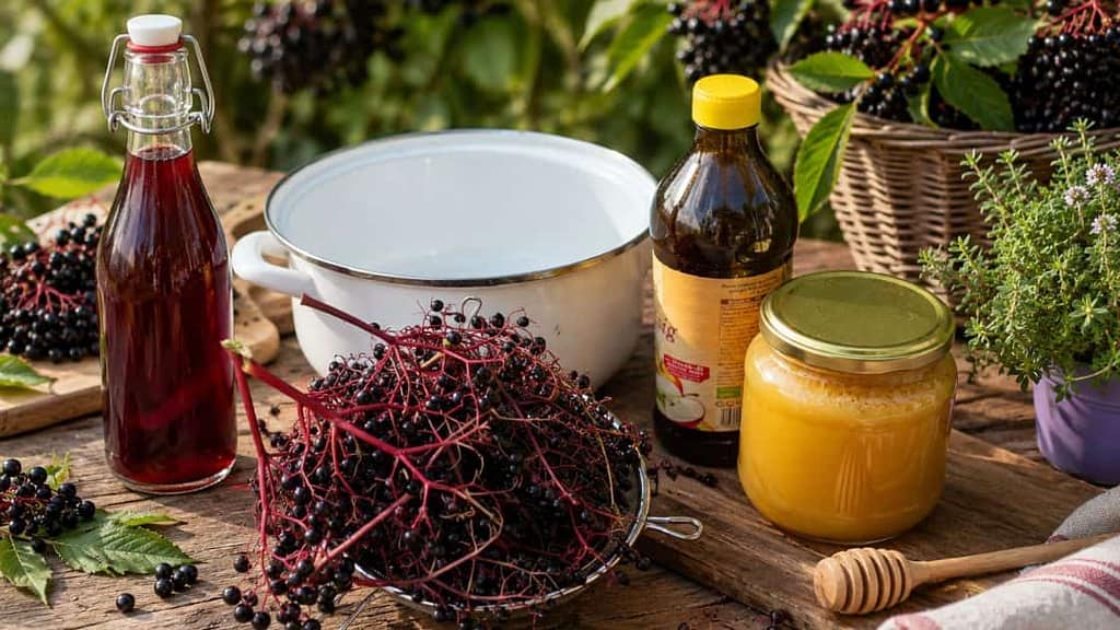 holunder oxymel herstellen holunderbeeren apfelessig bio honig auf einem tisch