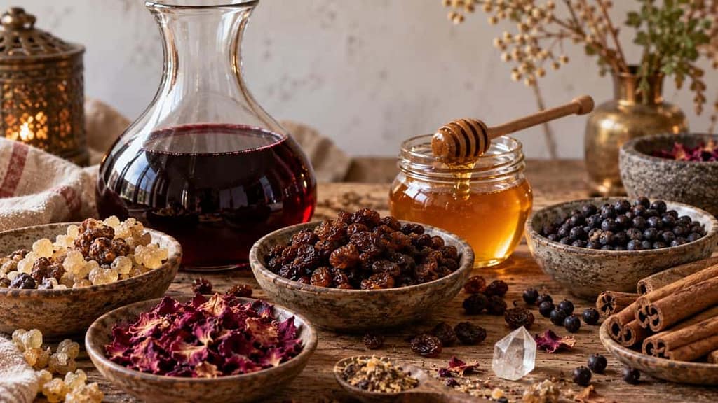 kyphi räuchermischung zutaten honig rotwein rosinen harze zimt rosenblätter wacholder und viele mehr (KI-generiertes Bild)