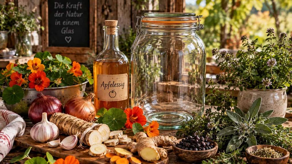 natärliches antibiotikum schnell gemacht apfelessig und stärkende zutaten wie knoblauch zwiebel kapuzinerkresse (KI-generiertes Bild)