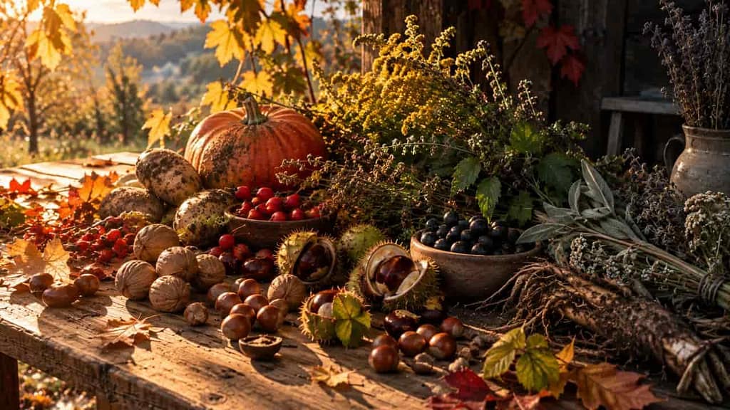 natur im herbst was du jetzt sammeln kannst kastanien kürbisse nüsse kartoffeln kräuter liege in der sonne auf einem holztisch (KI-generiertes Bild)