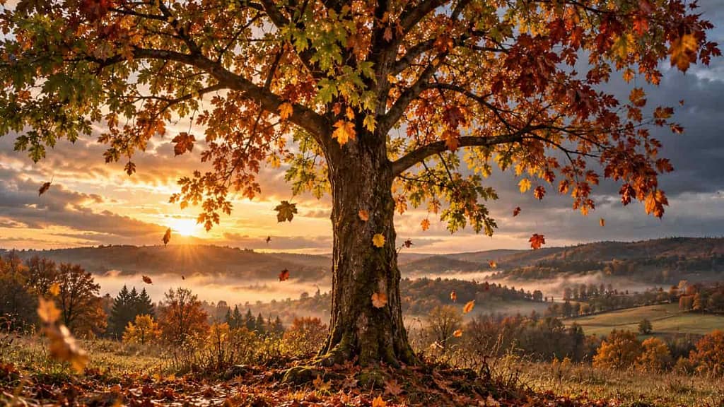natur im herbst ein baum mit  bunten blättern die zu boden fallen im hintergrund sonne und nebel (KI-generiertes Bild)