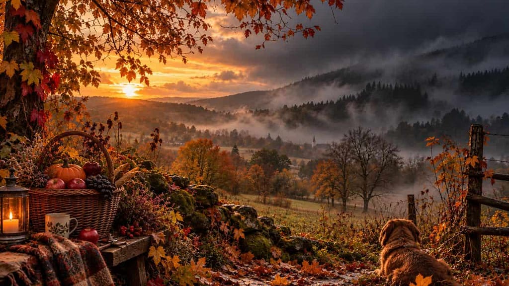 natur im herbst golden sonne und bunte blätter, kürbisse in einem korb auf der bank und im hintergrund nebel und dunkelheit (KI-generiertes Bild)