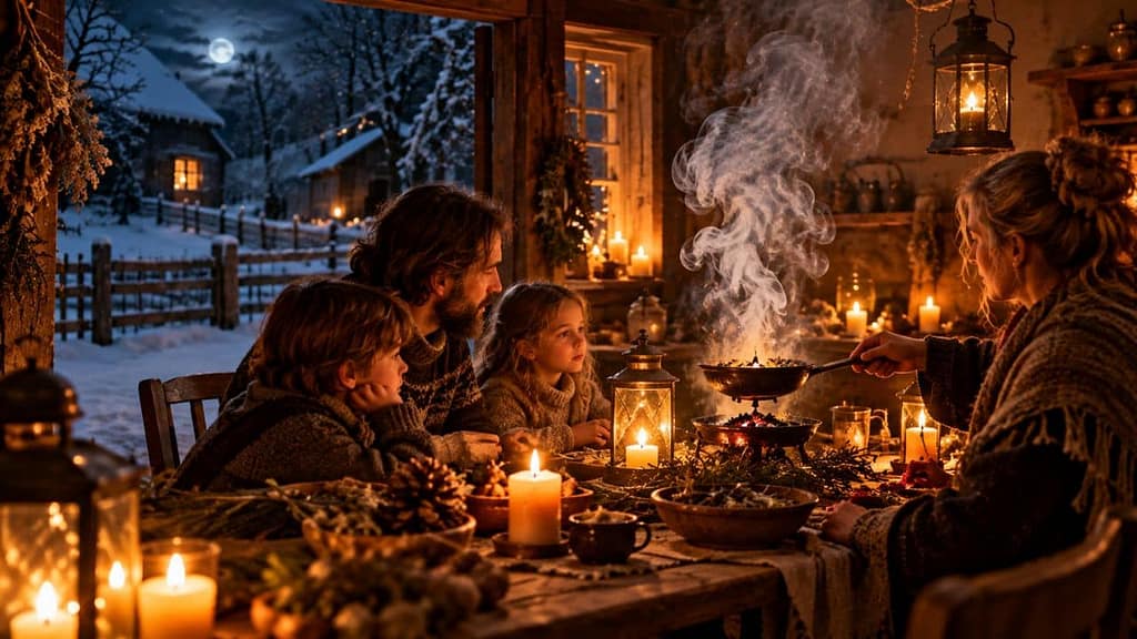 räuchern rauhnächte eine familie in der guten stube räuchert in den rauhnächten (KI-generiertes Bild)