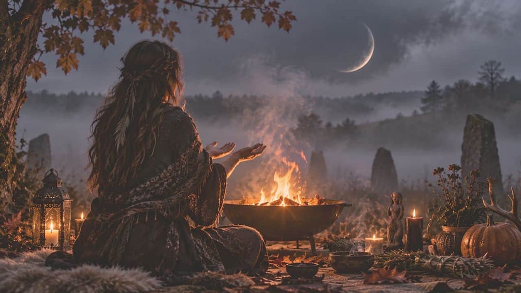 samhain rituale ein frau sitzt am feuer in der nacht der neumond am himmel und nebel ziehen auf (KI-generiertes Bild)