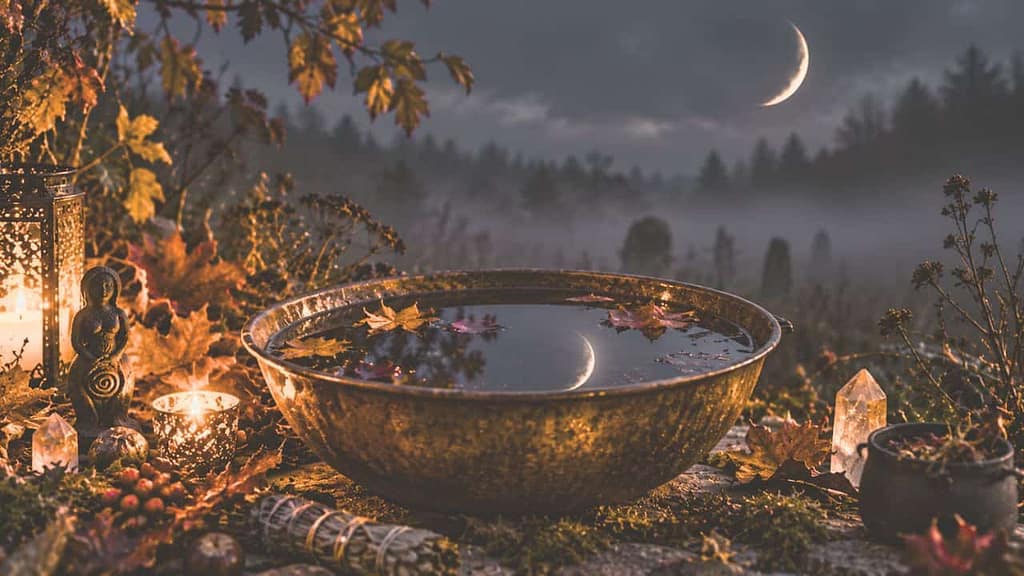 samhain rituale eine wasserschale steht in der neumondnacht (KI-generiertes Bild)