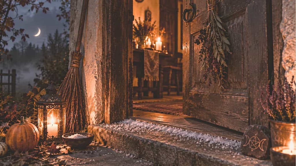 samhain rituale salz wird auf eine türschwelle gestreut (KI-generiertes Bild)