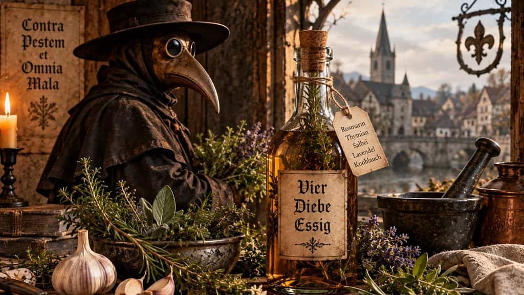 vier diebe essig aus der pestzeit im mittelalter (KI-generiertes Bild)
