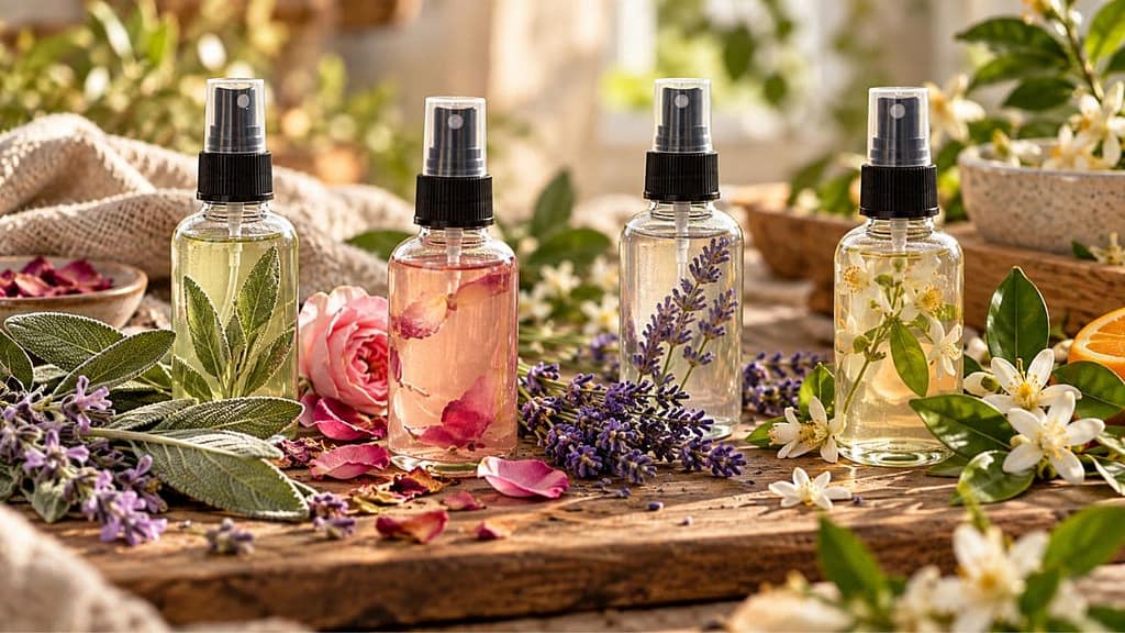 deo ohne parfum gut riechen mit hydrolaten auf dem bild sind vier hydrolate zu sehen in einer sprayflasche (KI-generiertes Bild)