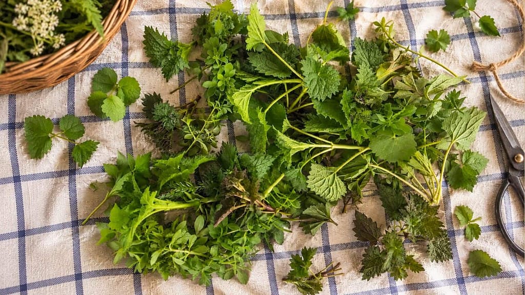 wildkräuter sammeln im herbst ein tuch mit brennnessel labkraut und weiteren wildpflanzen