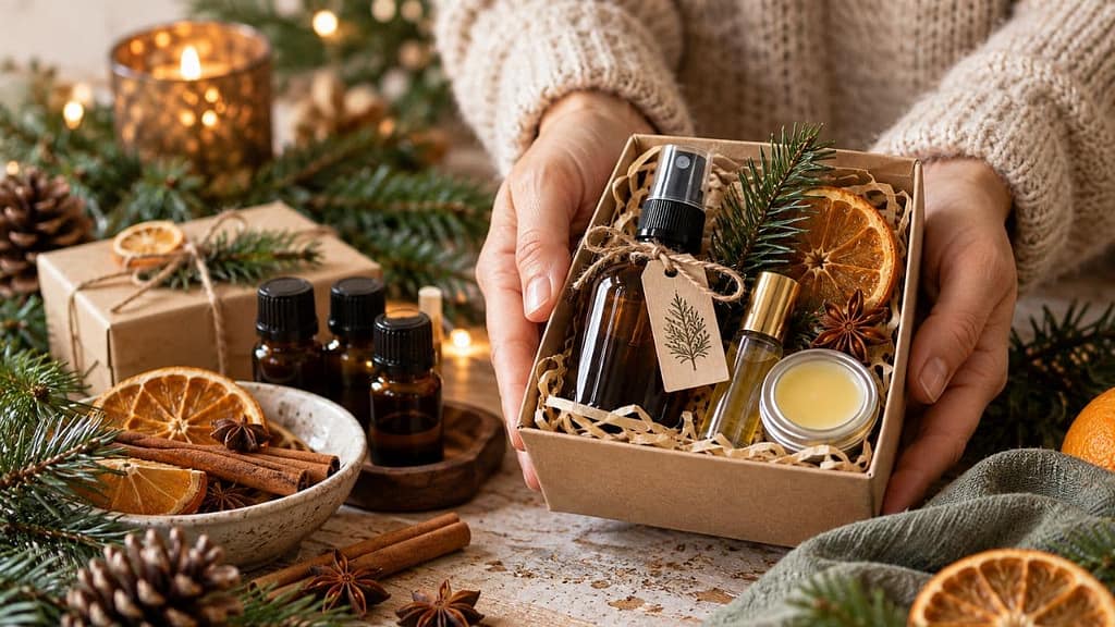 winterduft selber machen eine frau hält ein duftendes Geschenk in den Händen (KI-generiertes Bild)