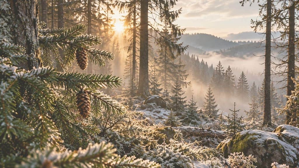 winterduft tiefer tann ein tannewald im winter mit nebel und sonnenstrahlen (KI-generiertes Bild)
