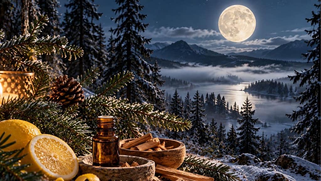 winterduft vollmondnacht mit tannen und im vordergrund sind orangenscheiben (KI-generiertes Bild)