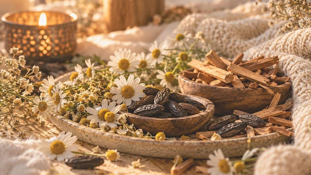 winterduft weiche umarmung eine gemütliche stimmung mit kuscheliger decke kerze und getrockneter kamille und sandelhölzer (KI-generiertes Bild)