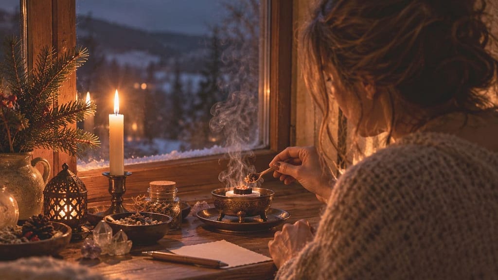 wintersonnenwende räuchern eine frau sitzt am fenster mit einer kerze und führt ein räucher ritual durch (KI-generiertes Bild)
