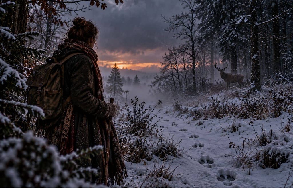 rauhnächte ohne anleitung ursprünglich draußen zelebrieren eine frau ist in der dämmerung im wnter in einem wald unterwegs vor ihr sind tierspuren im schnee und am waldrand steht ein hirsch (KI-generiertes Bild)