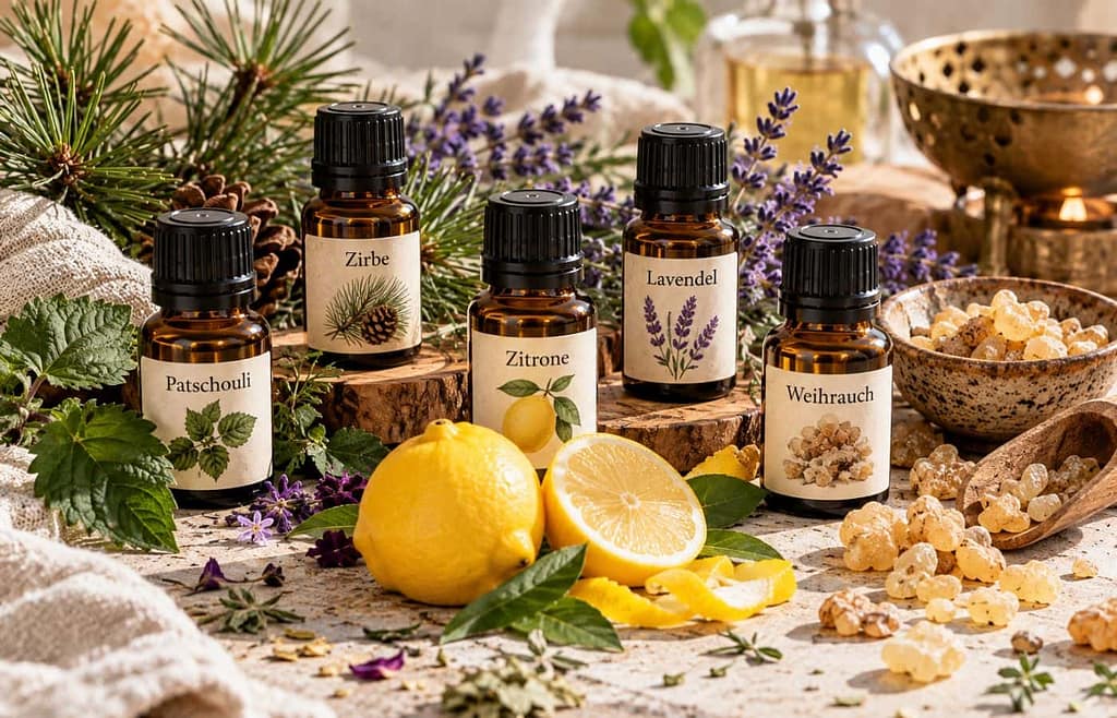 parfum selber machen ätherische öle wie zitrone zirbe lavendel in kleinen fläschchen (KI-generiertes Bild)