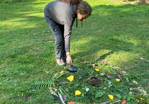 ina allard naturwärts legt ein buntes mandal auf einer wiese